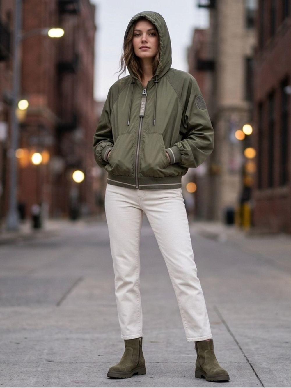 DKNY Olive Hooded Zip-Up Windbreaker Jacket